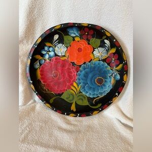 Hand Painted Folk Art Mexican Batea Tole Tray Bowl Vibrant Color Flowers